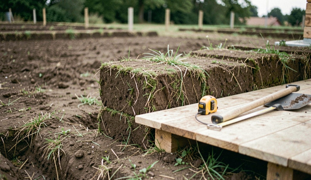 A half-built berm seen from the outside, a stacked face of cut sod still visible at one end, a shovel and a tape measure resting on the flat beside it