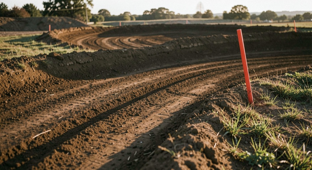 Late afternoon sun raking across an empty hardpack motocross track, long shadows sitting in the ruts, a red course marker leaning at the edge of the berm