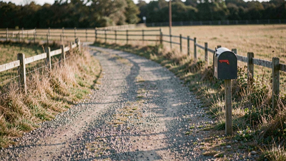A mailbox at the end of a gravel drive in morning light, dry grass along the fence line, a track fence visible further down the field